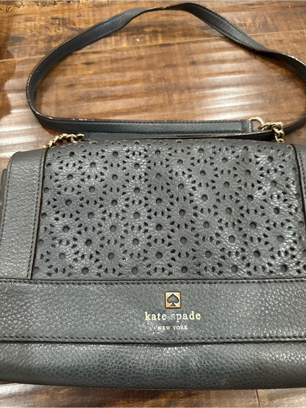kate spade navy blue perforated floral leather shoulder bag with chain strap
